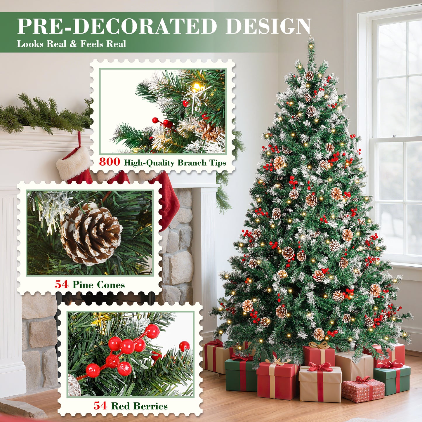 Laintene 6ft Pre-Lit & Pre-Decorated Christmas Tree | 250 Warm White LED Lights, 800 Realistic Tips, 108 Natural Decorations (Pine Cones & Berries), Hinged Design for Home/Office
