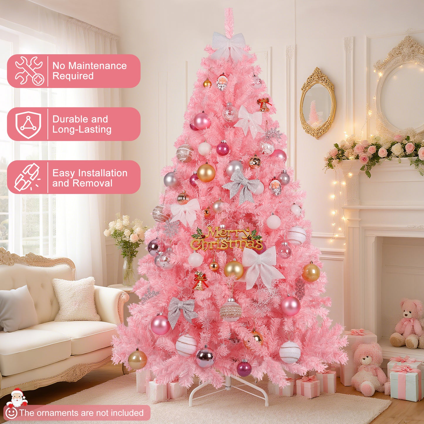 Laintene 6FT Artificial Christmas Tree with 800 Tips, Realistic Fir Xmas Tree for Indoor/Outdoor Decor, Sturdy Metal Stand, Pink