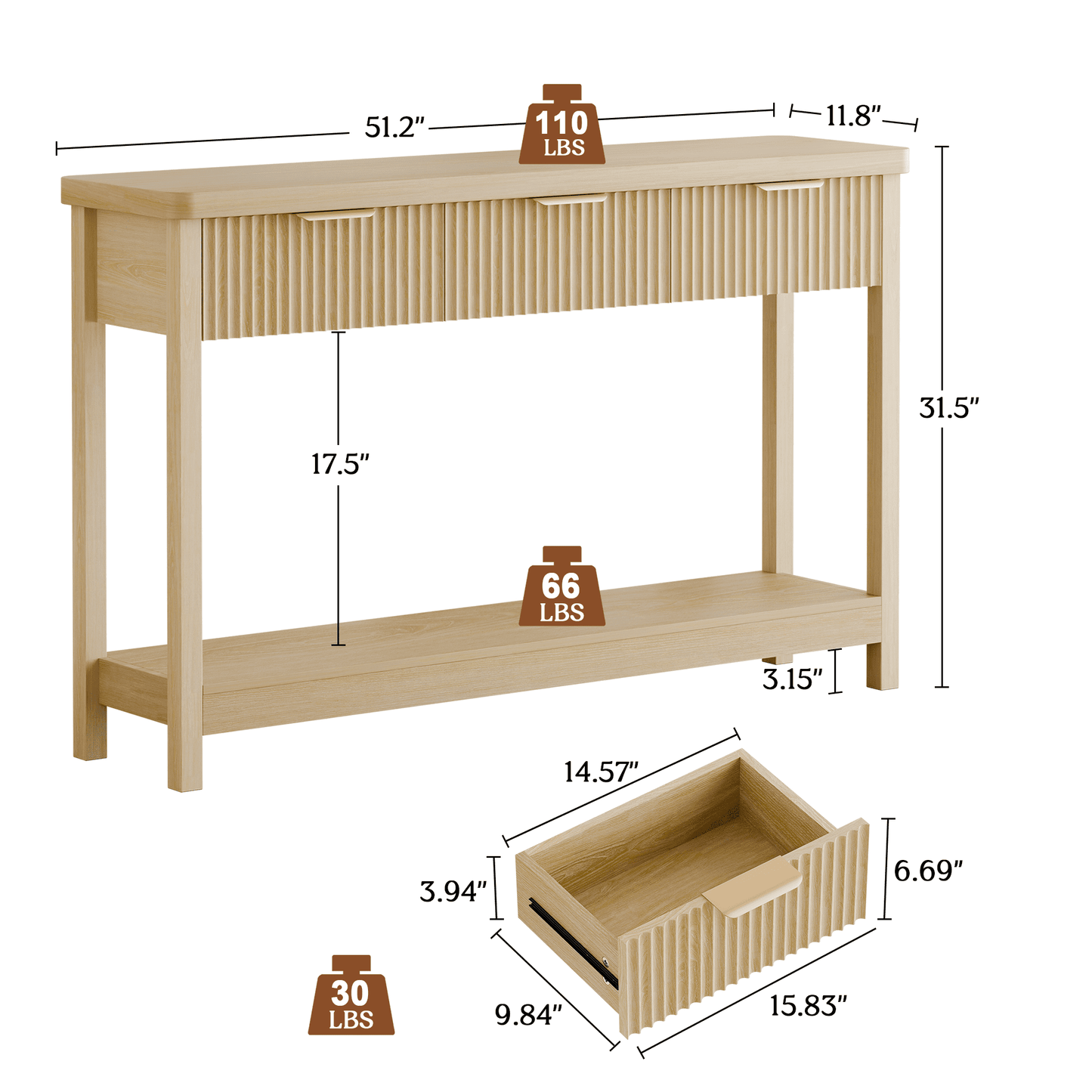 Laintene Fluted Console Table, 51" Narrow Entryway Table with 3 Drawers, Console Table Sofa Table with Storage Open Shelf, Modern Display Shelf for Hallway Living Room, Natural Oak