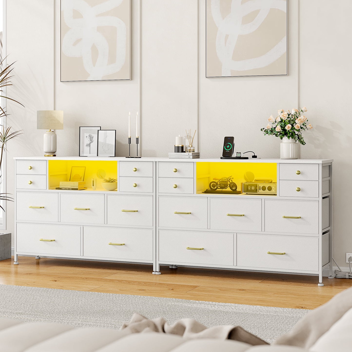 Laintene Bedroom Dresser with LED Lights, 9-Drawer Fabric Chest of Drawers, White Dresser TV Stand with Power Outlet and Side Pocket, Wide Storage Unit for up to 50" TV