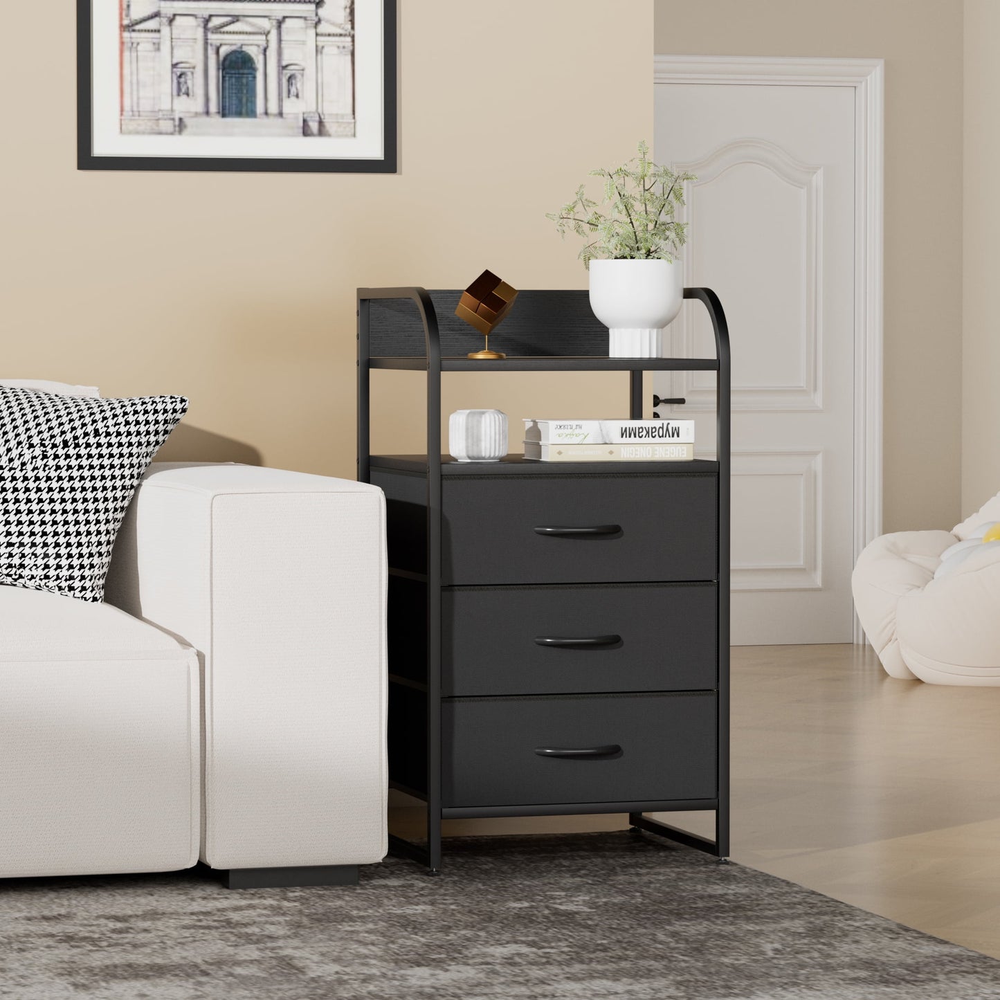 Laintene Nightstand Set of 2, 3-Drawer Fabric Dresser, End Side Tables Living Room, Storage Organizer for Bedroom Closet Furniture, Black