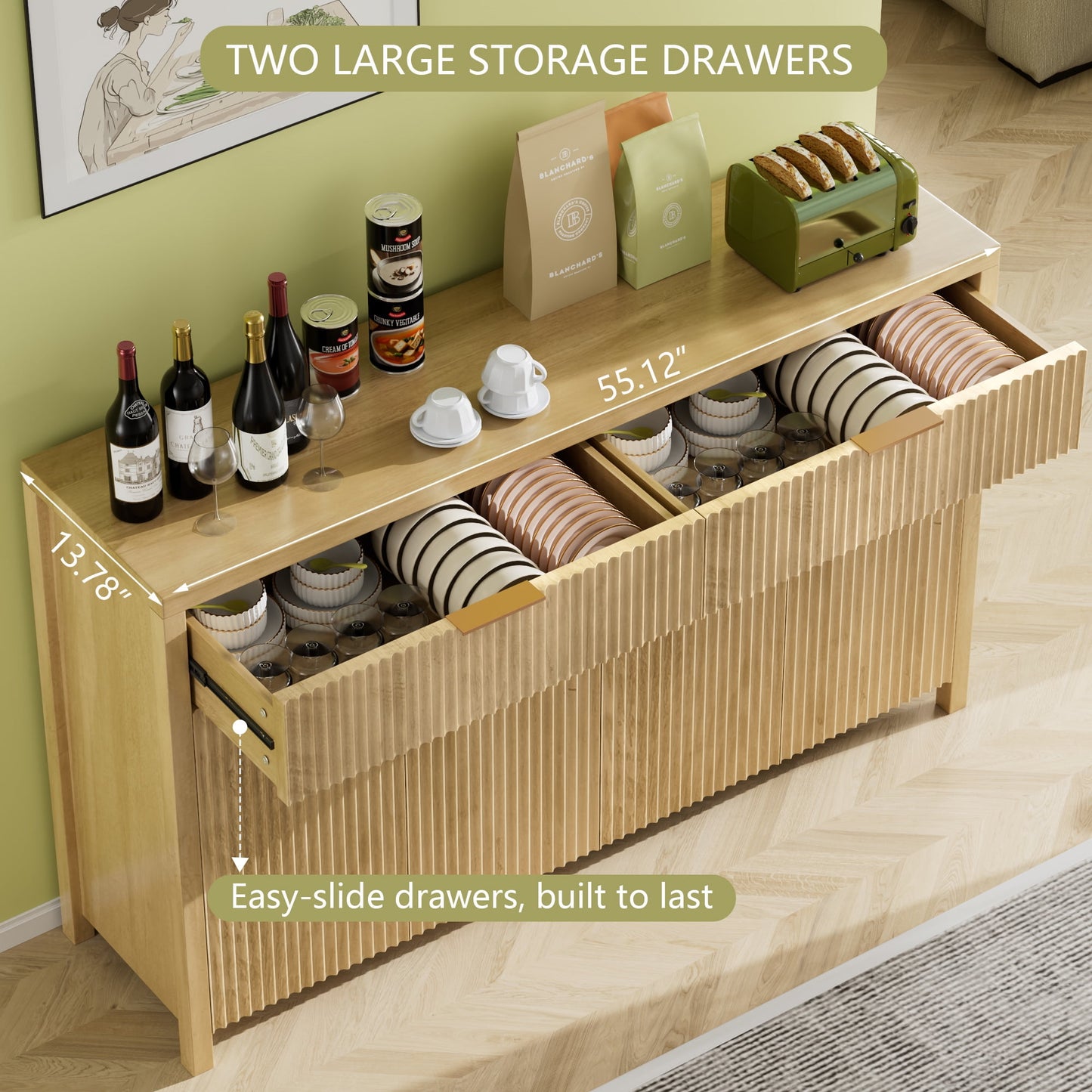 Buffet Cabinet with 2 Drawers, 55" Storage Cabinet with Fluted Panel Doors, Adjustable Shelves for Kitchen, TV Stands for Living Room, Natural Oak