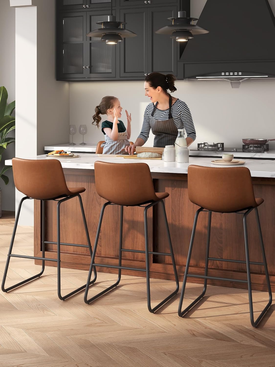 LainTene 26" Bar Stools Set of 3 – Faux Leather Counter Height Stools with Backrest & Footrest, Heavy-Duty Metal Frame for Kitchen, Bar, Living Room, Dark Brown