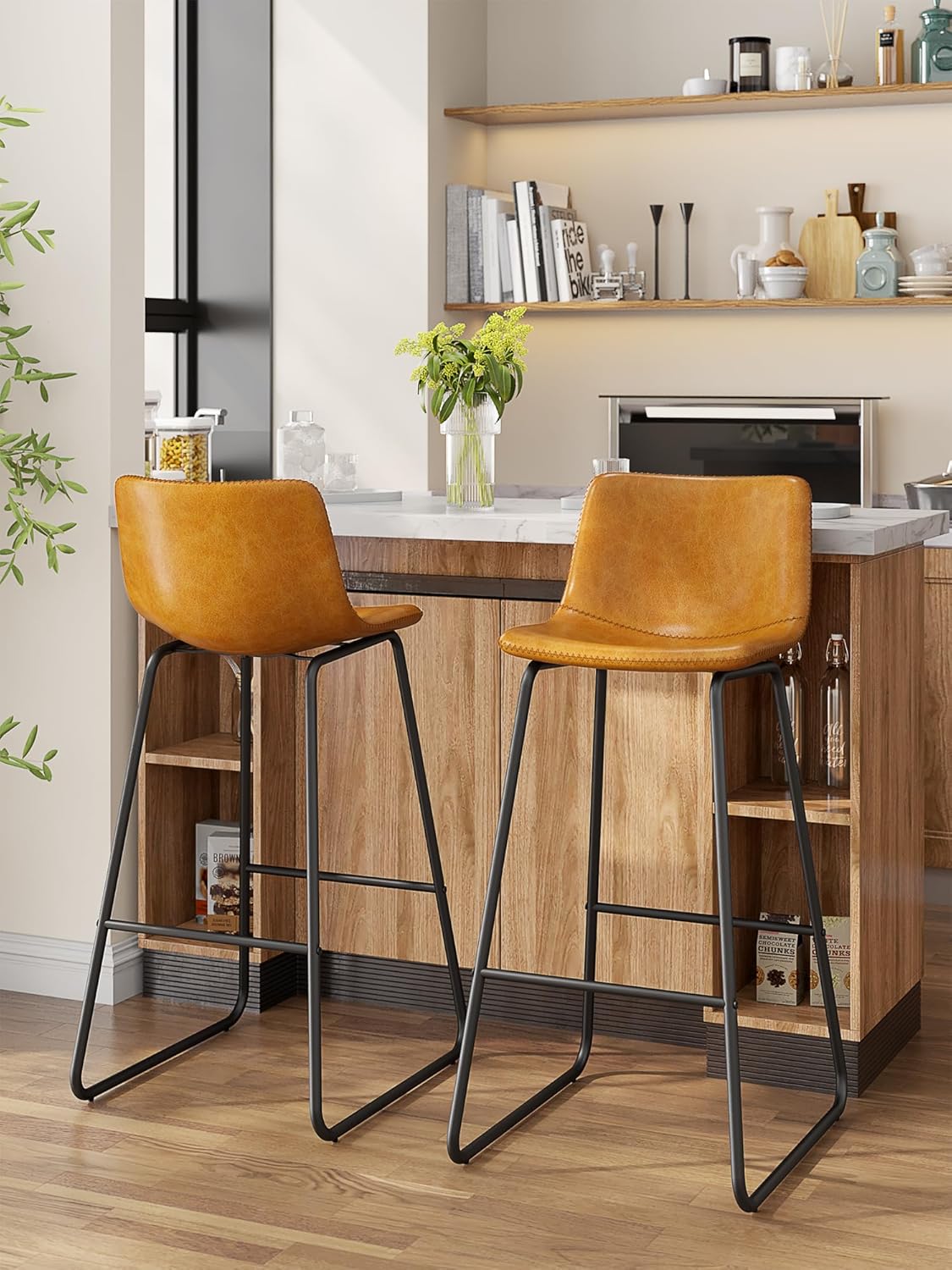 LainTene 30" Bar Stools Set of 3 – Faux Leather Counter Height Stools with Backrest & Footrest, Heavy-Duty Metal Frame for Kitchen, Bar, Living Room, Brown