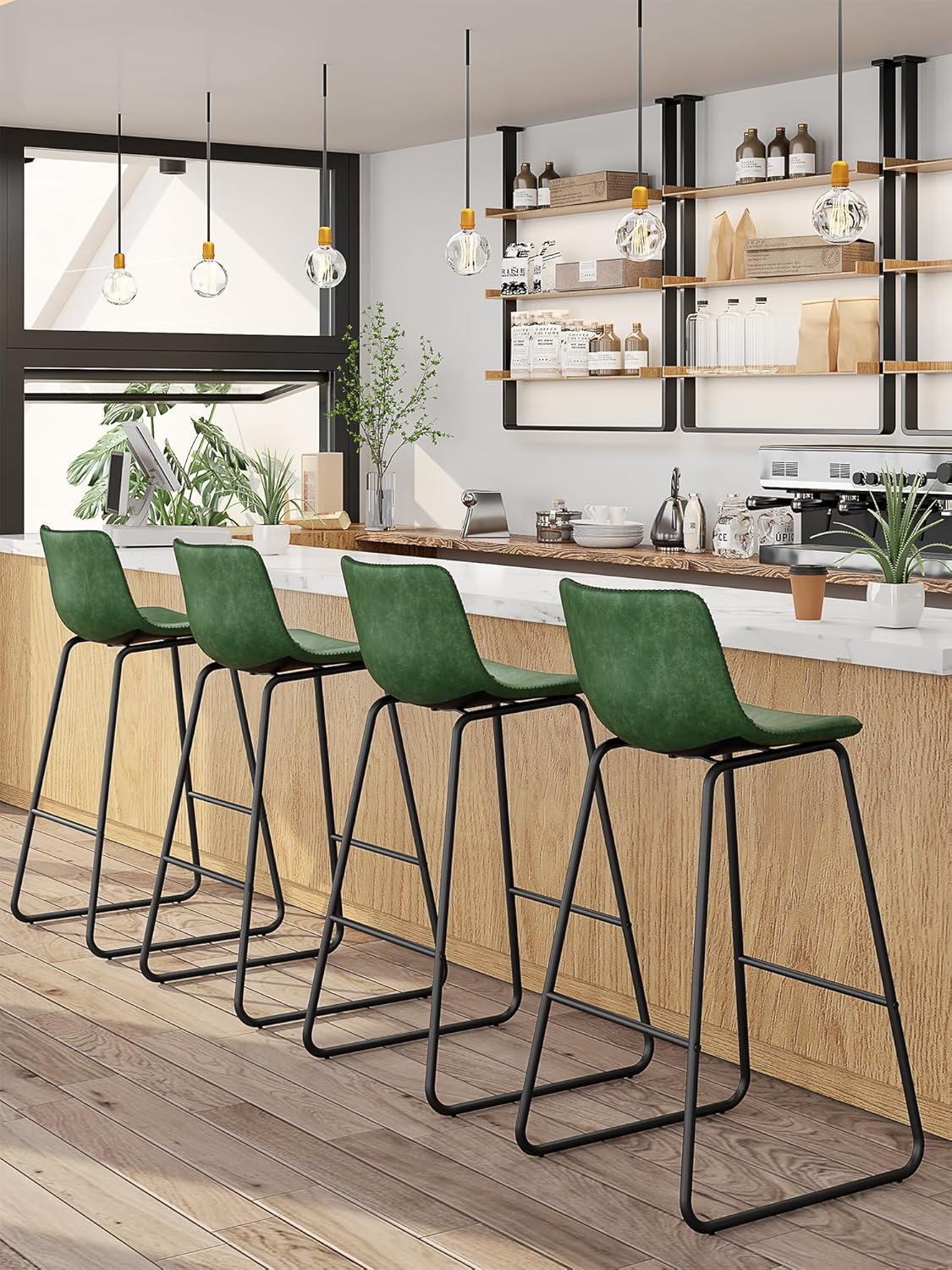 LainTene 30" Bar Stools Set of 3 – Faux Leather Counter Height Stools with Backrest & Footrest, Heavy-Duty Metal Frame for Kitchen, Bar, Living Room, Green