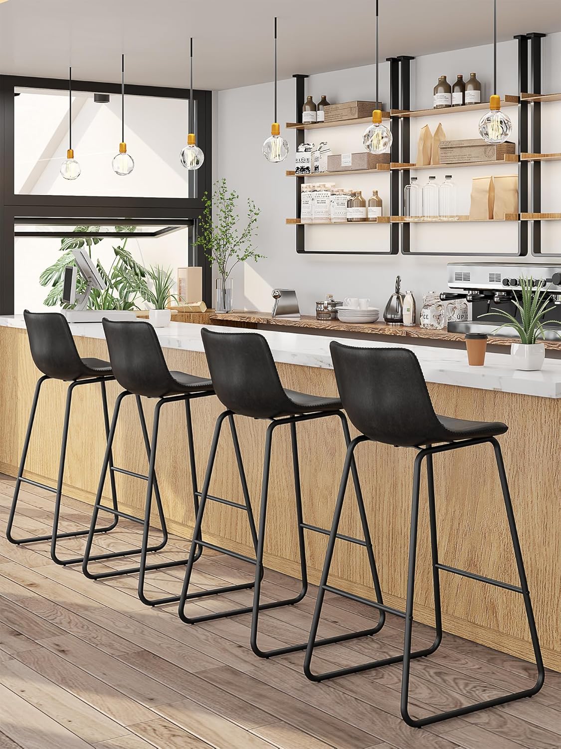 LainTene 30" Bar Stools Set of 2 – Faux Leather Counter Height Stools with Backrest & Footrest, Heavy-Duty Metal Frame for Kitchen, Bar, Living Room, Black