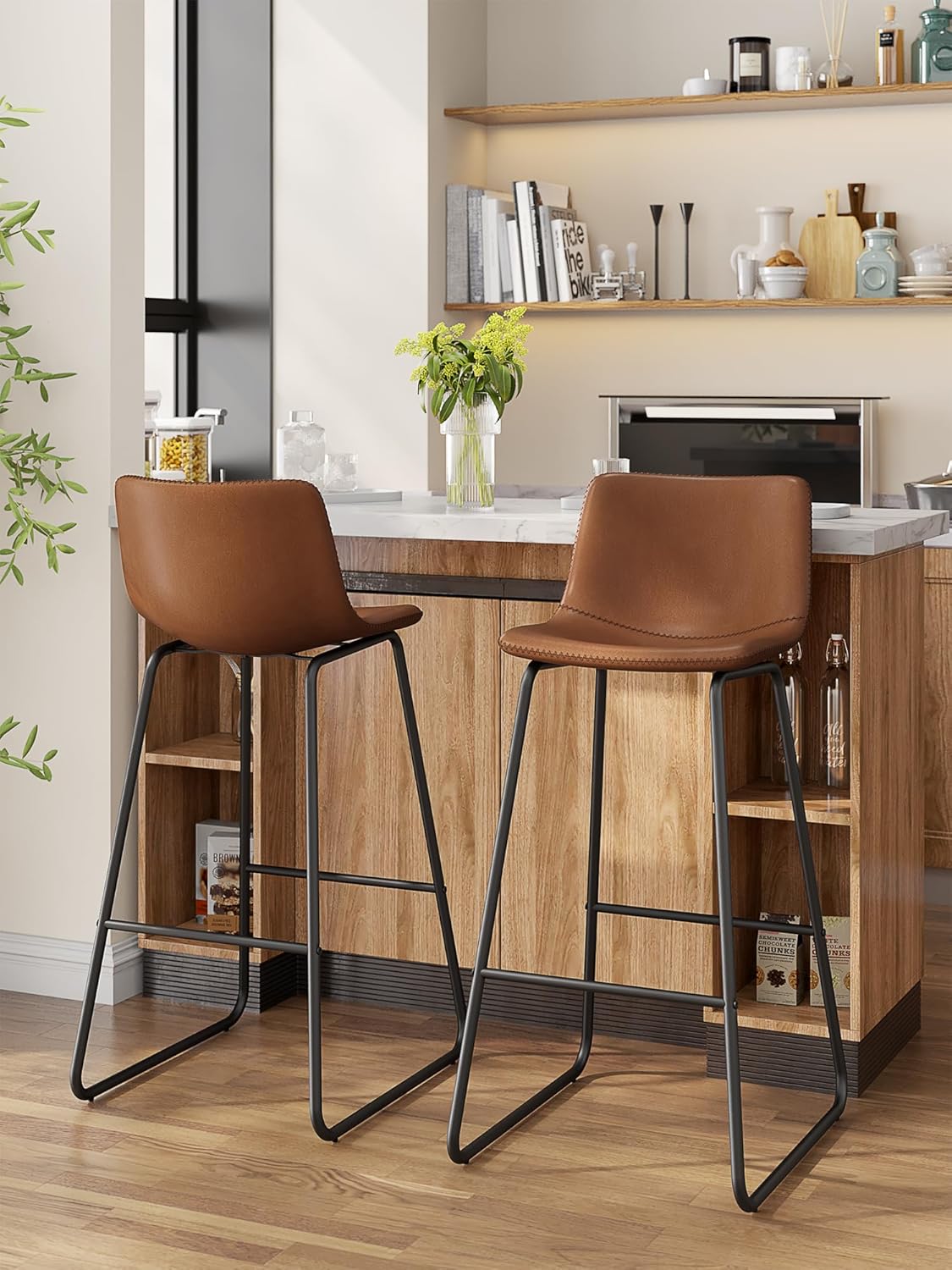LainTene 30" Bar Stools Set of 3 – Faux Leather Counter Height Stools with Backrest & Footrest, Heavy-Duty Metal Frame for Kitchen, Bar, Living Room, Dark Brown