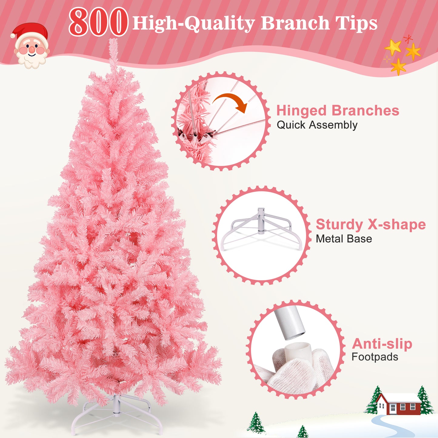 Laintene 6FT Artificial Christmas Tree with 800 Tips, Realistic Fir Xmas Tree for Indoor/Outdoor Decor, Sturdy Metal Stand, Pink