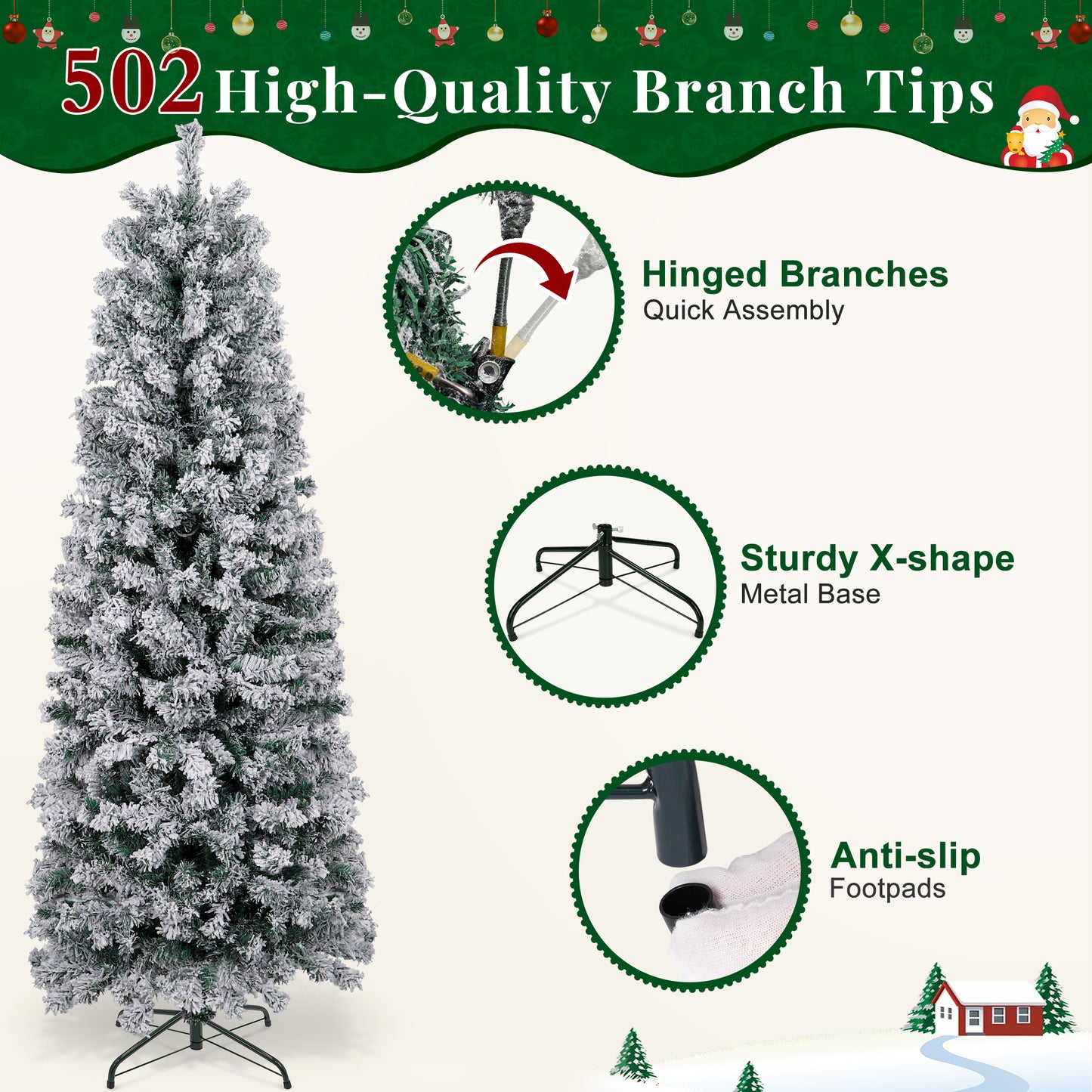Laintene 6FT Pre-Lit Flocked Pencil Christmas Tree with 600 Tips & 200 Colored Lights, Slim Artificial Xmas Tree for Small Spaces, Metal Stand, White