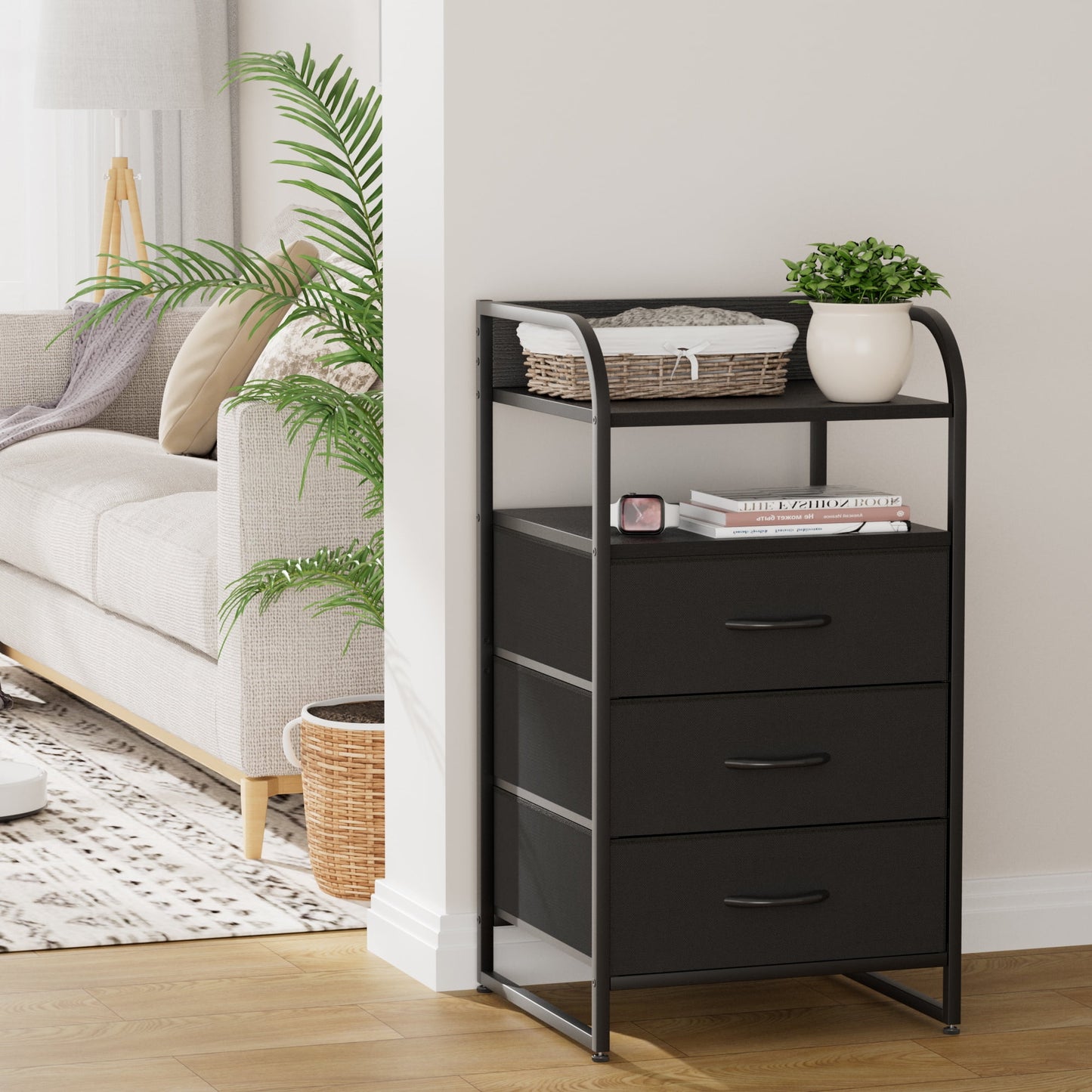 Laintene Night Stand, Bedside Table Bedroom Dresser, 3 Fabric Drawer Storage Organize, End Side Tables Living Room, Black