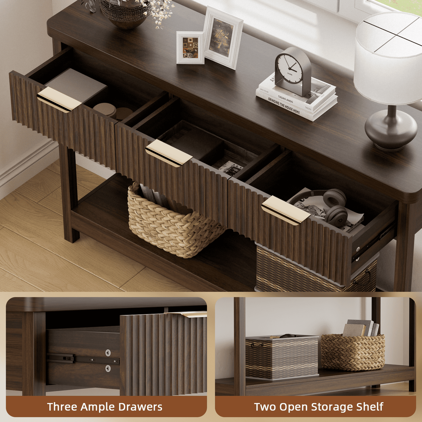 Laintene Fluted Console Table, 51" Narrow Entryway Table with 3 Drawers, Console Table Sofa Table with Storage Open Shelf, Modern Display Shelf for Hallway Living Room, Walnut