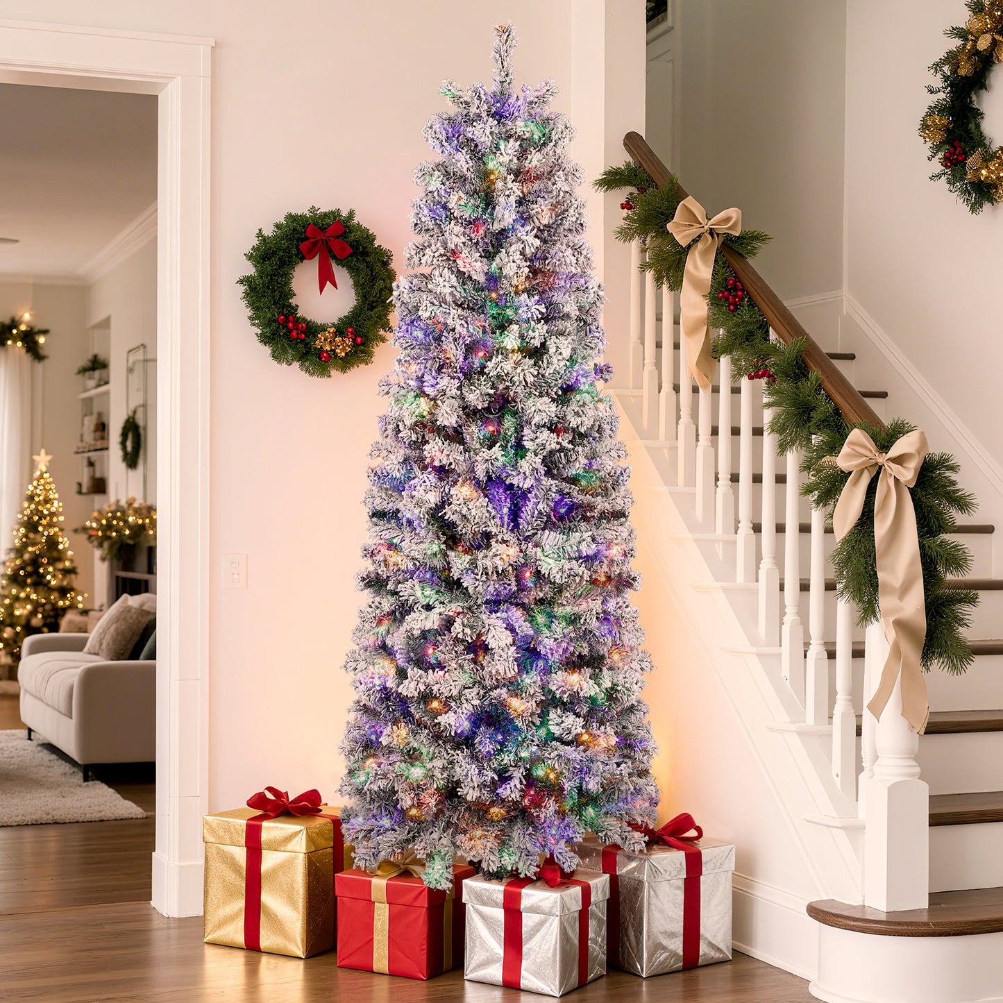 Laintene 6FT Pre-Lit Flocked Pencil Christmas Tree with 600 Tips & 200 Colored Lights, Slim Artificial Xmas Tree for Small Spaces, Metal Stand, White
