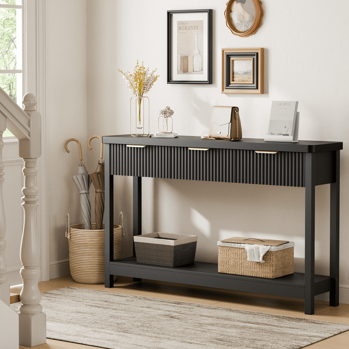 Laintene Fluted Console Table, 51" Narrow Entryway Table with 3 Drawers, Console Table Sofa Table with Storage Open Shelf, Modern Display Shelf for Hallway Living Room, Black