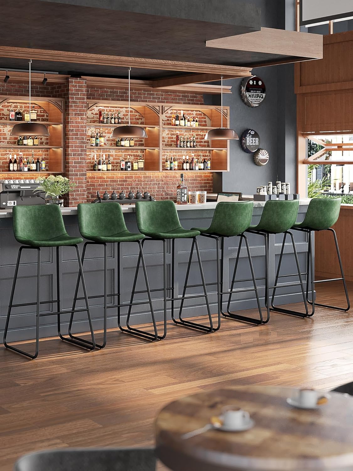 LainTene 30" Bar Stools Set of 3 – Faux Leather Counter Height Stools with Backrest & Footrest, Heavy-Duty Metal Frame for Kitchen, Bar, Living Room, Green
