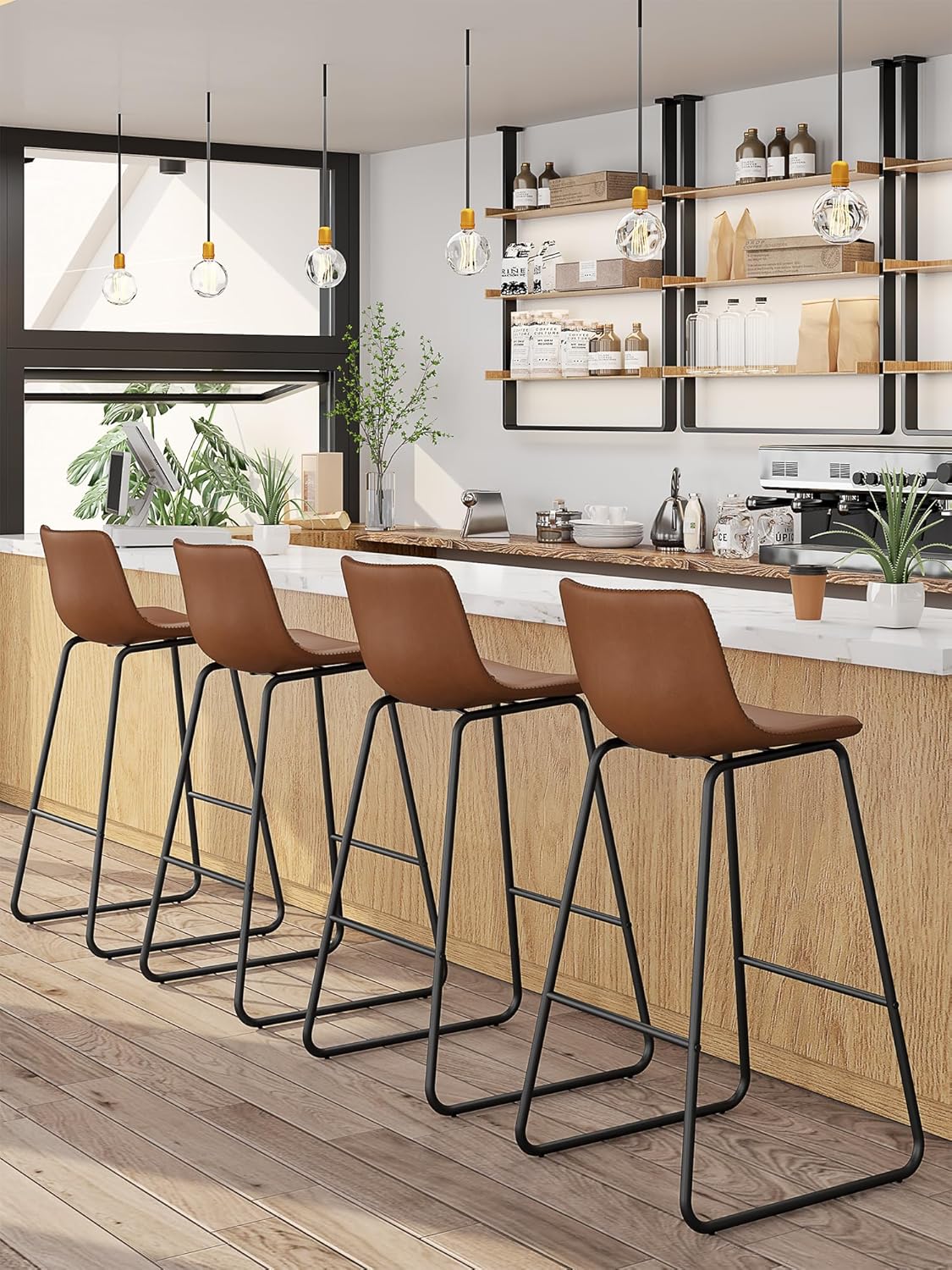 LainTene 30" Bar Stools Set of 3 – Faux Leather Counter Height Stools with Backrest & Footrest, Heavy-Duty Metal Frame for Kitchen, Bar, Living Room, Dark Brown