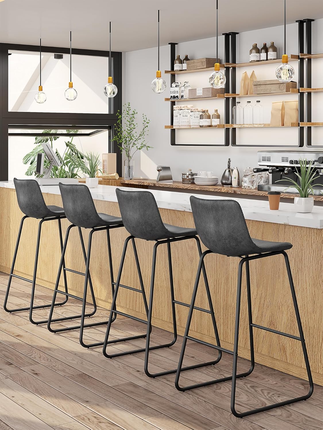 LainTene 30" Bar Stools Set of 3 – Faux Leather Counter Height Stools with Backrest & Footrest, Heavy-Duty Metal Frame for Kitchen, Bar, Living Room, Gray