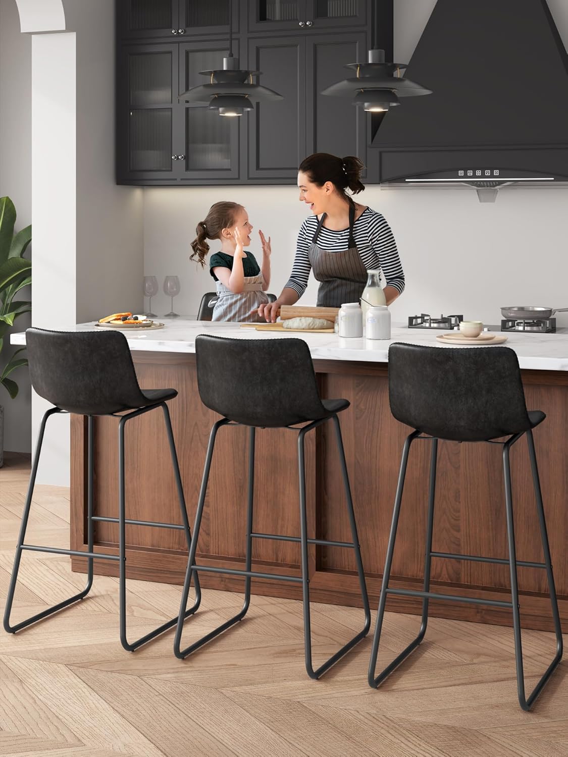 LainTene 30" Bar Stools Set of 2 – Faux Leather Counter Height Stools with Backrest & Footrest, Heavy-Duty Metal Frame for Kitchen, Bar, Living Room, Black