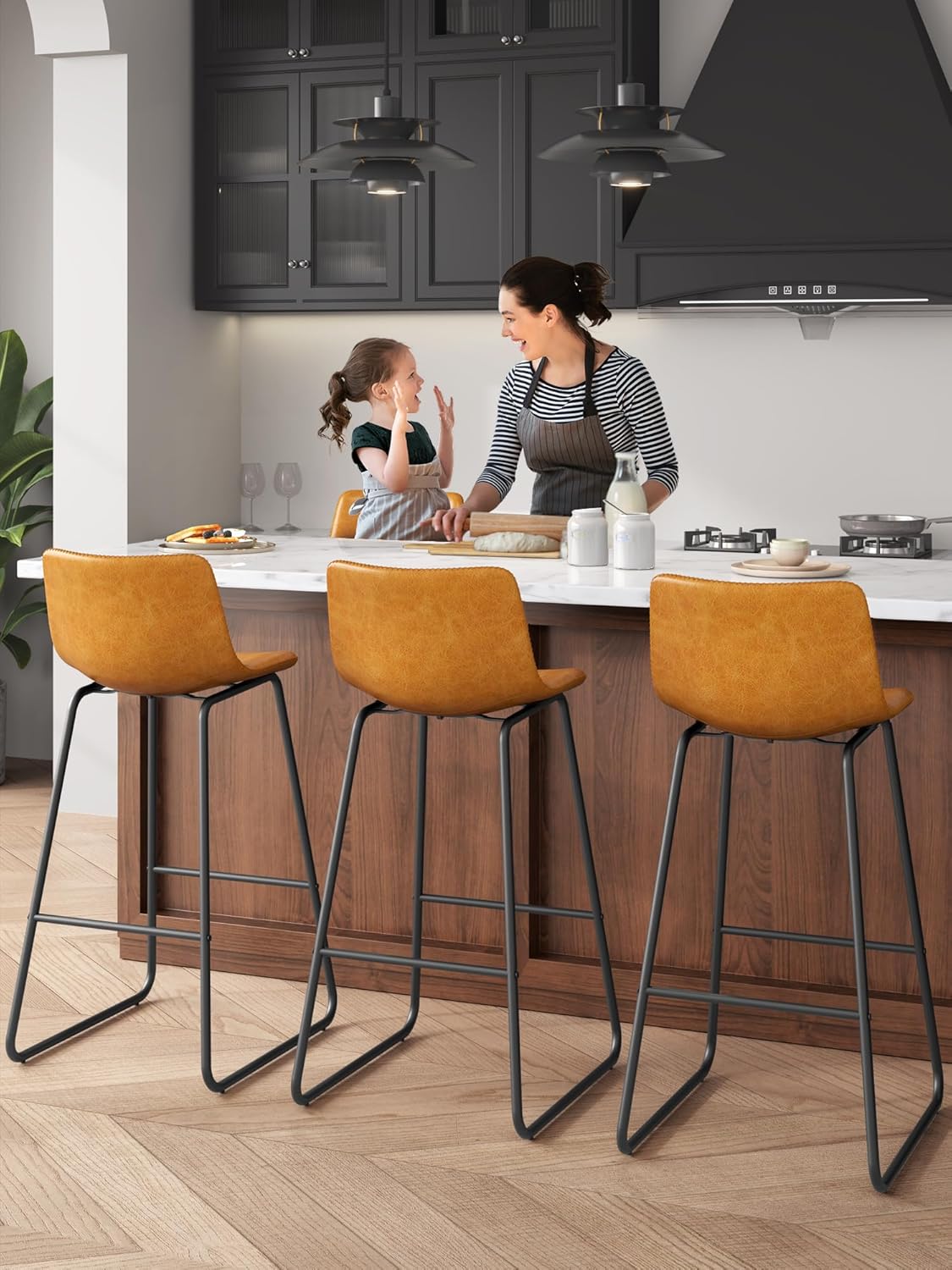 LainTene 30" Bar Stools Set of 3 – Faux Leather Counter Height Stools with Backrest & Footrest, Heavy-Duty Metal Frame for Kitchen, Bar, Living Room, Brown