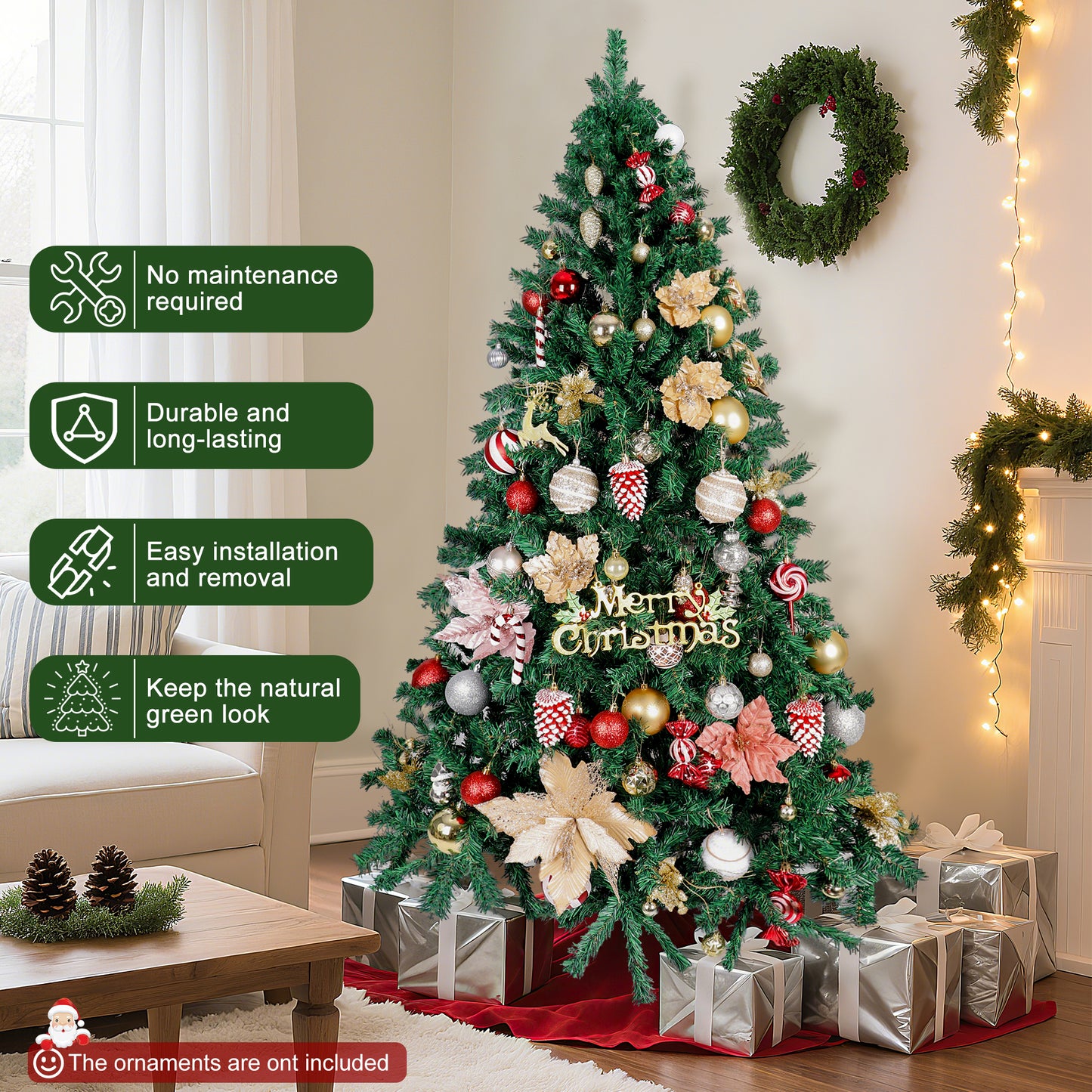 Laintene 6FT Artificial Christmas Tree with 800 Realistic Branch Tips, Premium Indoor/Outdoor Fir Xmas Tree with Sturdy Metal Stand, Easy Assembly & Storage, Green