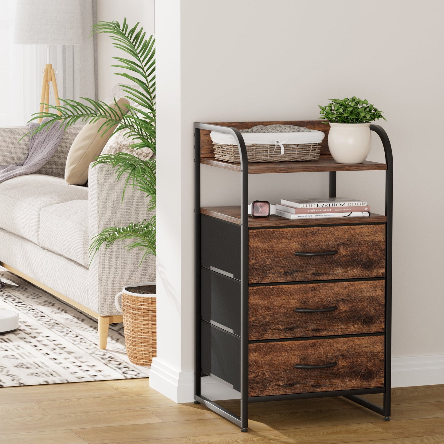 Laintene Nightstand 3 Fabric Drawer, Bedside Table Bedroom Dresser, End Side Tables Living Room, Brown