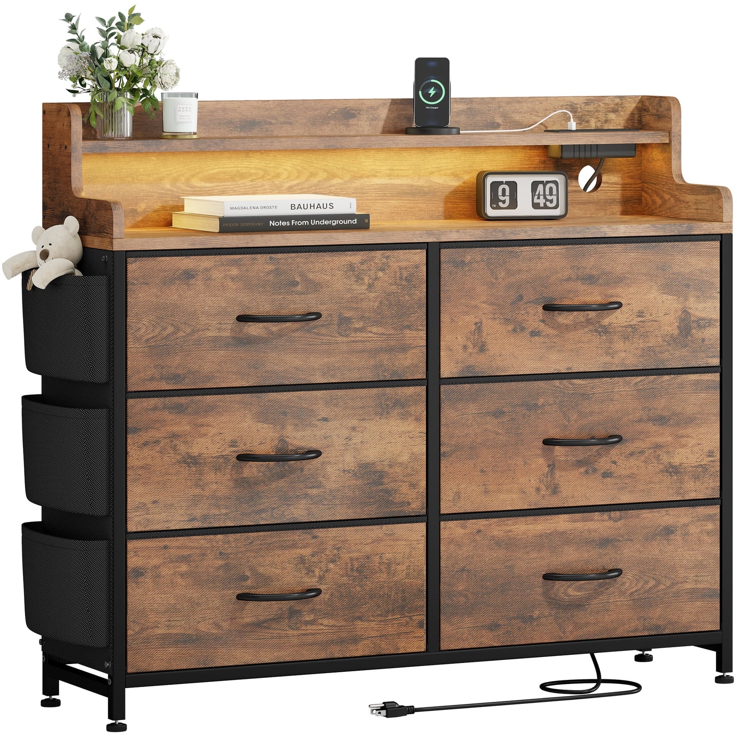 Dresser for Bedroom, 6 Drawer Dresser with LED Lights and Charging Station, Wide Chest of 6 Drawers with Open Space, Modern Large Capacity Storage Cabinet, Living Room, Hallway, Brown