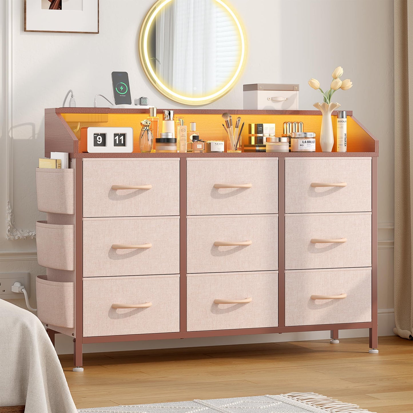 Dresser for Bedroom, 9 Drawer Dresser with LED Lights and Charging Station, Wide Chest of 6 Drawers with Open Space, Modern Large Capacity Storage Cabinet, Living Room, Hallway, Pink