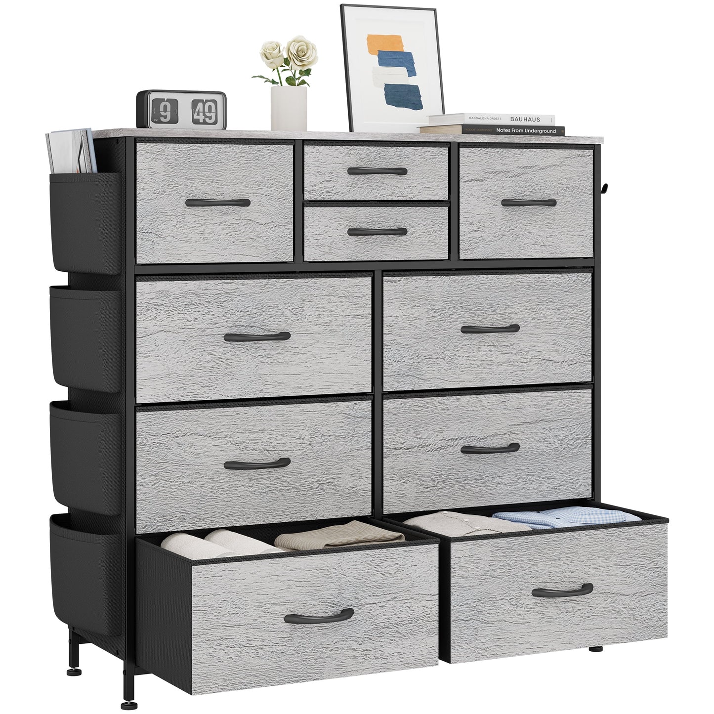 Dresser for Bedroom, Storage Organizer with 10 Drawers, Chest of Drawers with Fabric Bins, Sturdy Metal Frame, Wood Tabletop for Guest Room, Closet, Entryway, Oak