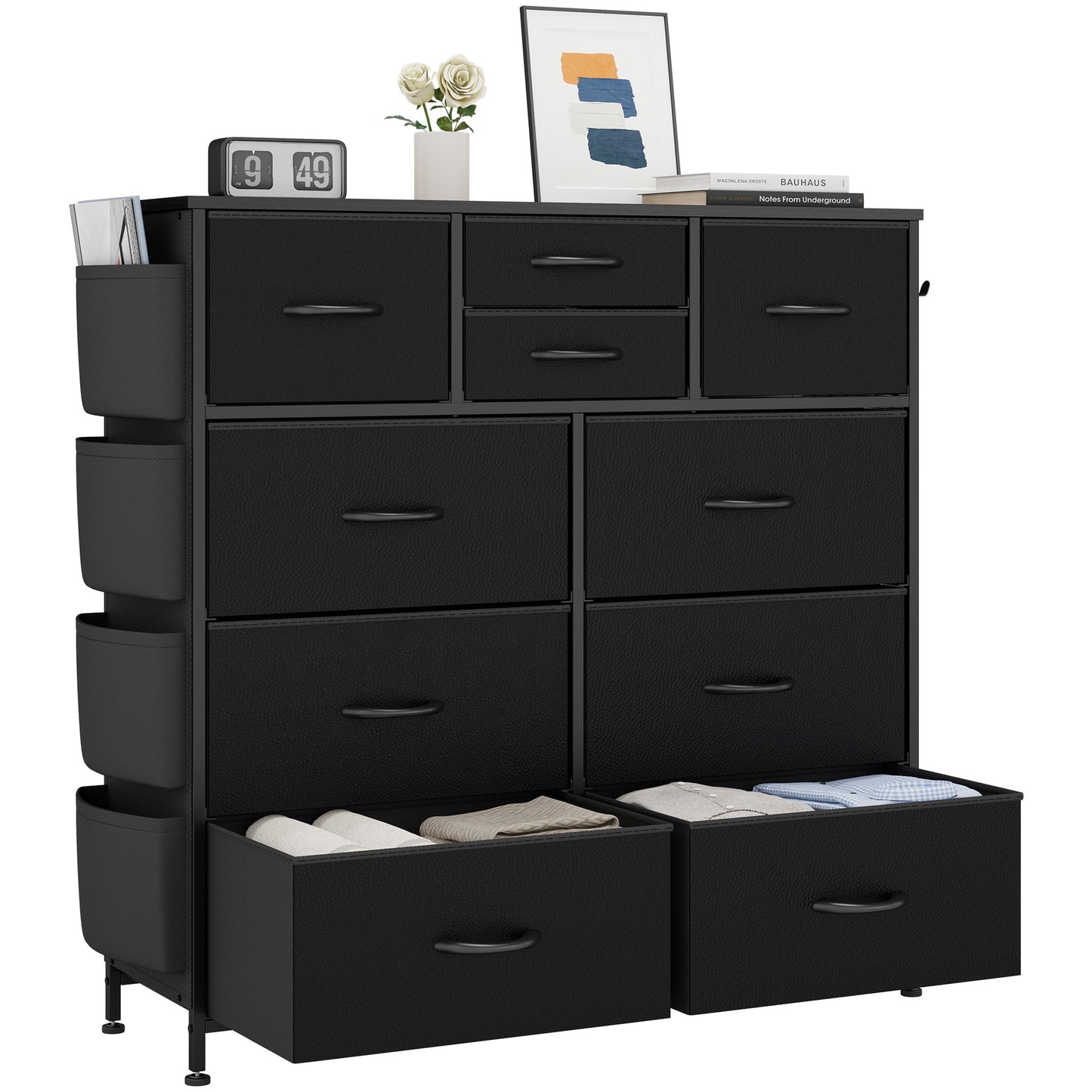 Dresser for Bedroom, Storage Organizer with 10 Drawers, Chest of Drawers with Fabric Bins, Sturdy Metal Frame, Wood Tabletop for Guest Room, Closet, Entryway, Black PU