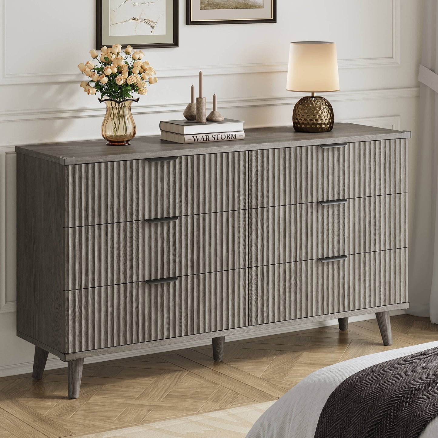 Laintene 6 Drawer Dresser for Bedroom, 53" Wide Dressers & Chest of Drawers, Boho Fluted Dresser with Wave Panel Design, Modern Storage Dressers Organizer for Living Room,Dark Grey Oak