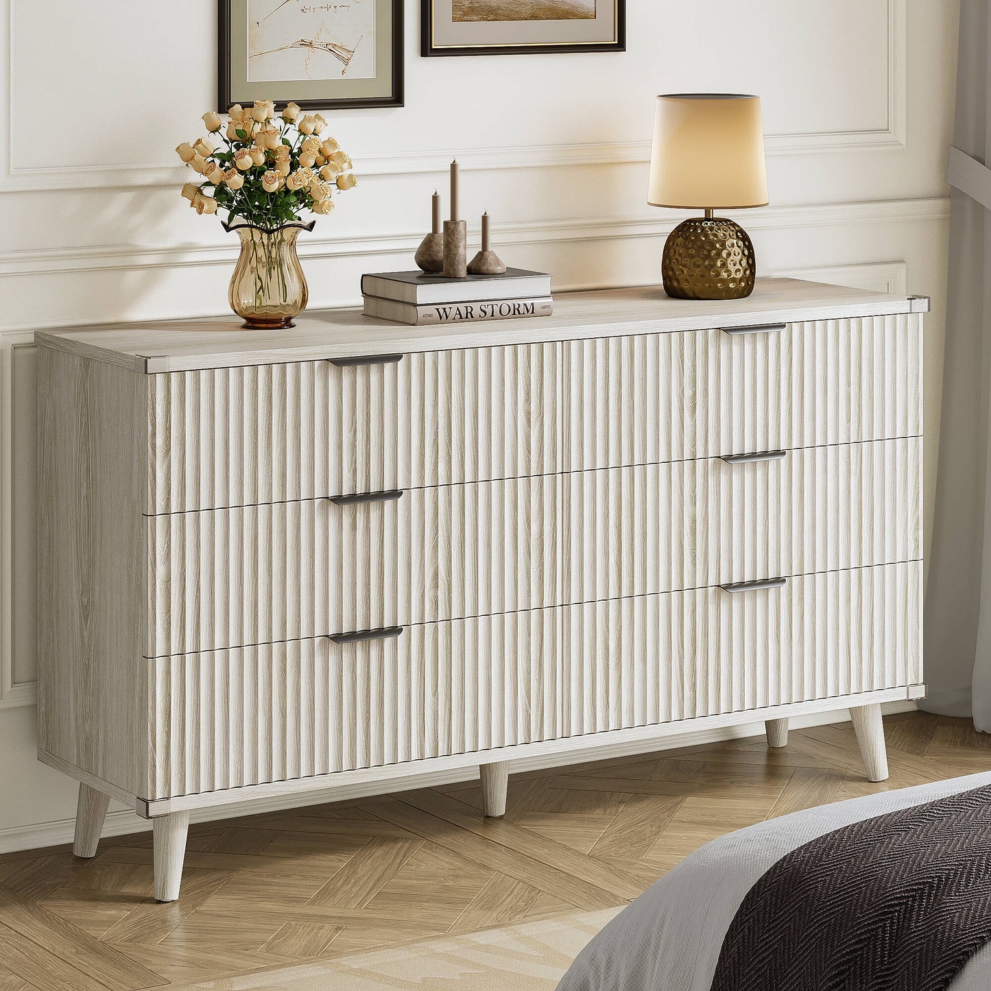 Laintene 6 Drawer Dresser for Bedroom, 53" Wide Dressers & Chest of Drawers, Boho Fluted Dresser with Wave Panel Design, Modern Storage Dressers Organizer for Living Room,White Oak