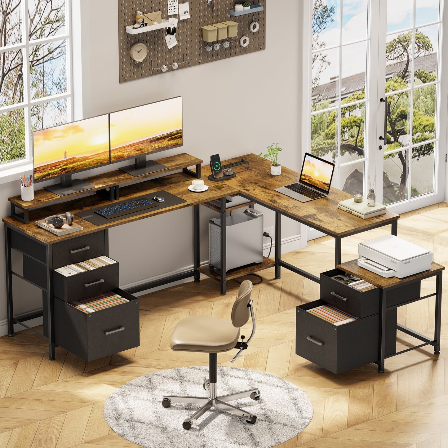 LainTene 110" L-Shaped Desk with 5Drawers & Power Outlets – Reversible Corner Computer Desk for Home Office, Gaming Desk with Storage Shelves, Monitor Stand & USB Charging Ports, Brown
