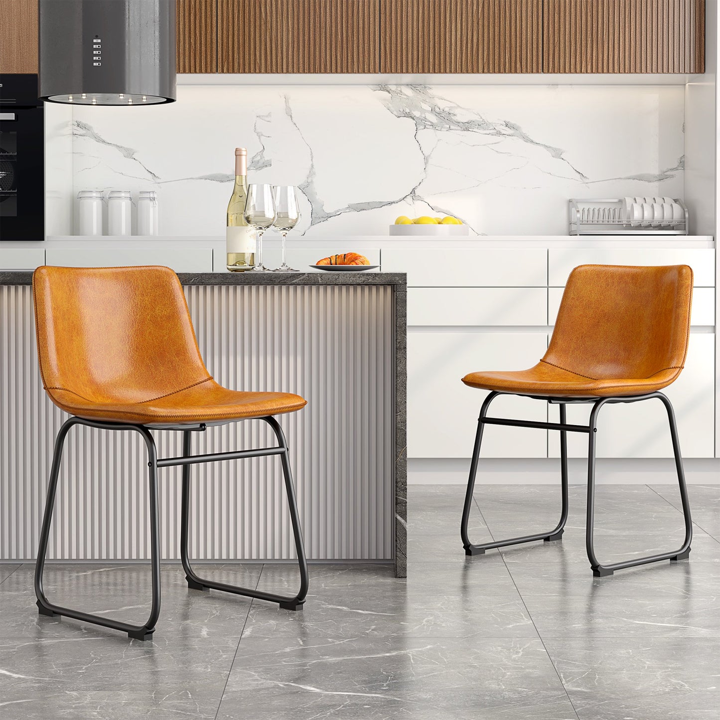 LainTene 18" PU Leather Dining Chairs Set of 2 – Modern Counter Height Kitchen & Bar Stools with Ergonomic Back, Steel Frame & Non-Slip Feet for Home, Café, Restaurant, Brown
