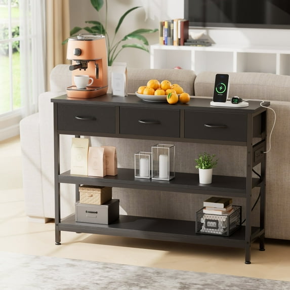 Valu4me 43.3" Console Table with Power Outlets & USB Ports, Narrow Sofa Table with 3 Fabric Drawers for Hallway, Foyer, Living Room, Black