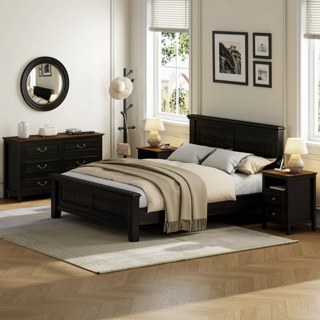 LainTene Farmhouse 3-Piece Dresser Set - 1x6-Drawer Storage Dresser & 2x Nightstands with USB Ports, Solid Wood Vintage Bedroom Furniture, Oak Black