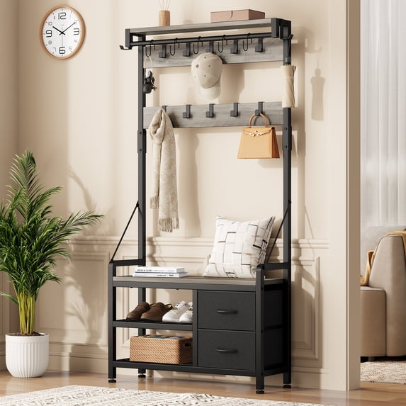 LainTene Hall Tree with Bench - 6-in-1 Industrial 31.5" Entryway Organizer, 17 Adjustable Hooks & 2 Drawers, Hanging Rod & Top Shelf, 300lb Weight Capacity for Hallway and Living Room, Gray