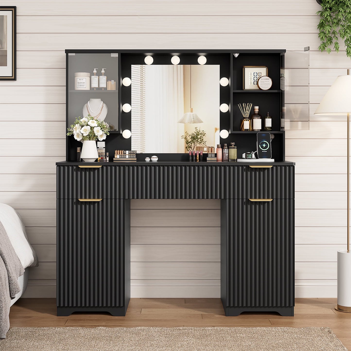 LainTene Makeup Vanity Table with Lights and Mirror, Vanity Desk with 3 Drawers & 2 Large Storage Cabinets and Charging Station for Bedroom