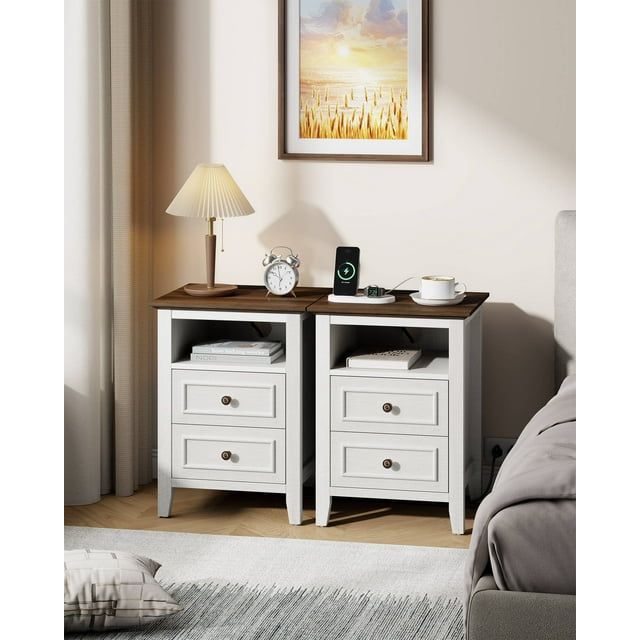 LainTene Nightstand Set of 2 with Charging Station, Farmhouse Bedside Table with 2 Drawers, USB & AC Outlets for Bedroom & Living Room,Oak White Finish