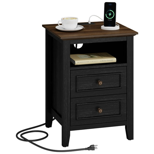LainTene Nightstand with Charging Station, Farmhouse Bedside Table with 2 Drawers, USB & AC Outlets for Bedroom & Living Room, Oak Black Finish
