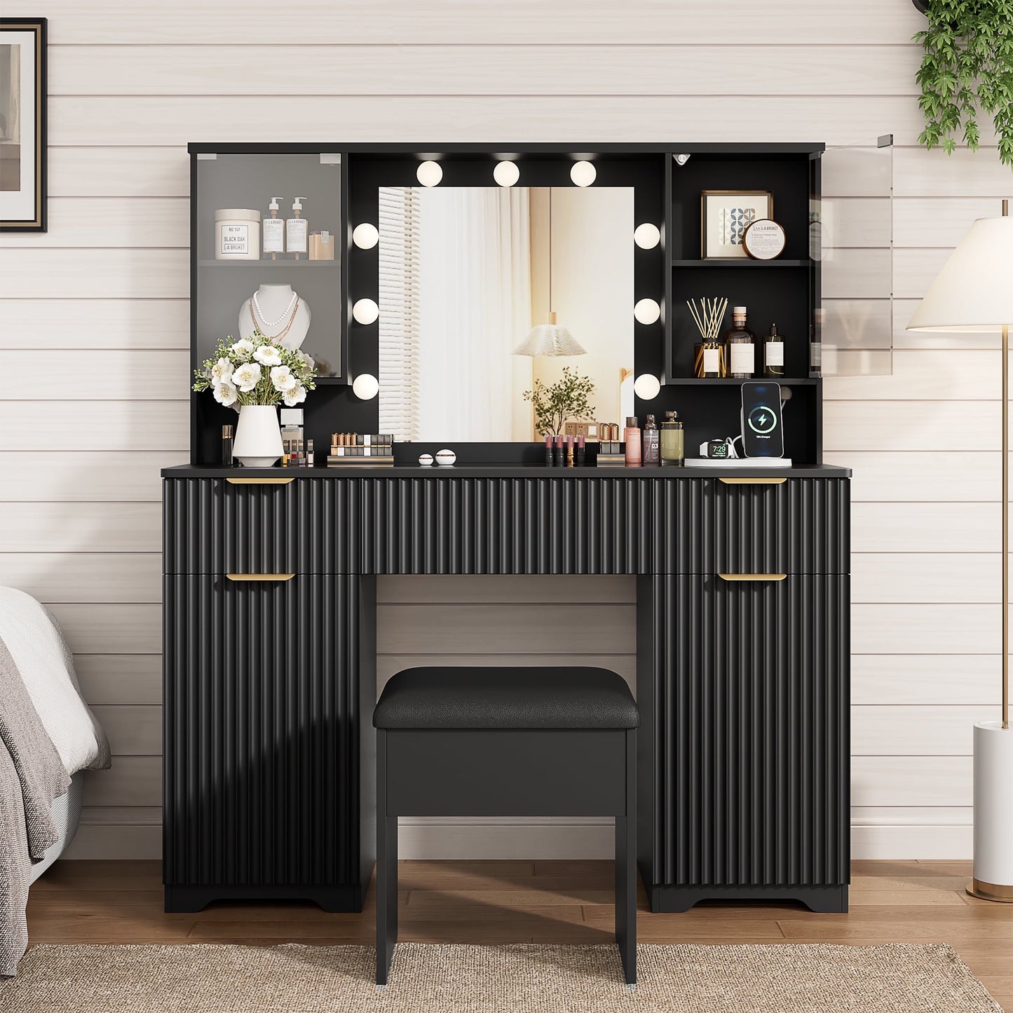 LainTene Vanity Set with Stool, Makeup Vanity Table with Lights and Mirror, Vanity Desk with 3 Drawers & 2 Large Storage Cabinets and Charging Station for Bedroom