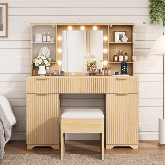 LainTene Vanity Set with Stool, Makeup Vanity Table with Lights and Mirror, Vanity Desk with 3 Drawers & 2 Large Storage Cabinets and Charging Station for Bedroom