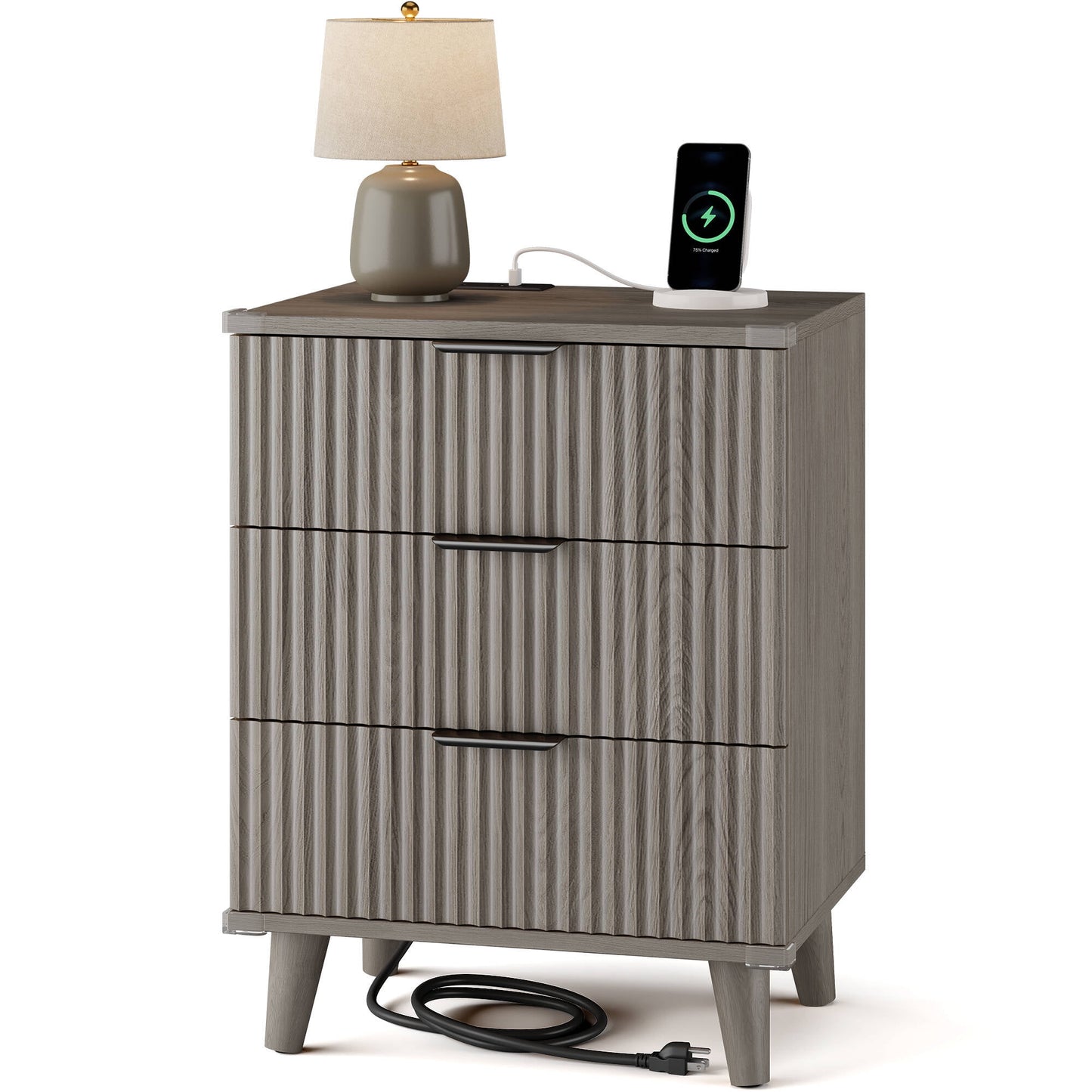 Laintene 3-Drawer Dresser for Bedroom, Nightstand with Charging Station - Modern Fluted with Solid Wood Legs, 2 AC Outlets & 2 USB Ports, Small End Table with Storage, Dark Grey Oak