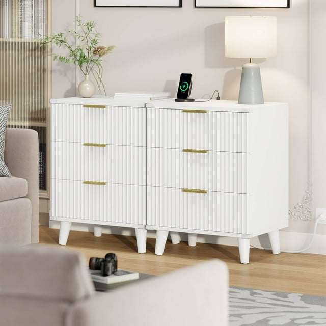 Laintene 3-Drawer Dresser Set of 2, Nightstand with Charging Station - Modern Fluted with Solid Wood Legs, 2 AC Outlets & 2 USB Ports, Small End Table with Storage, White