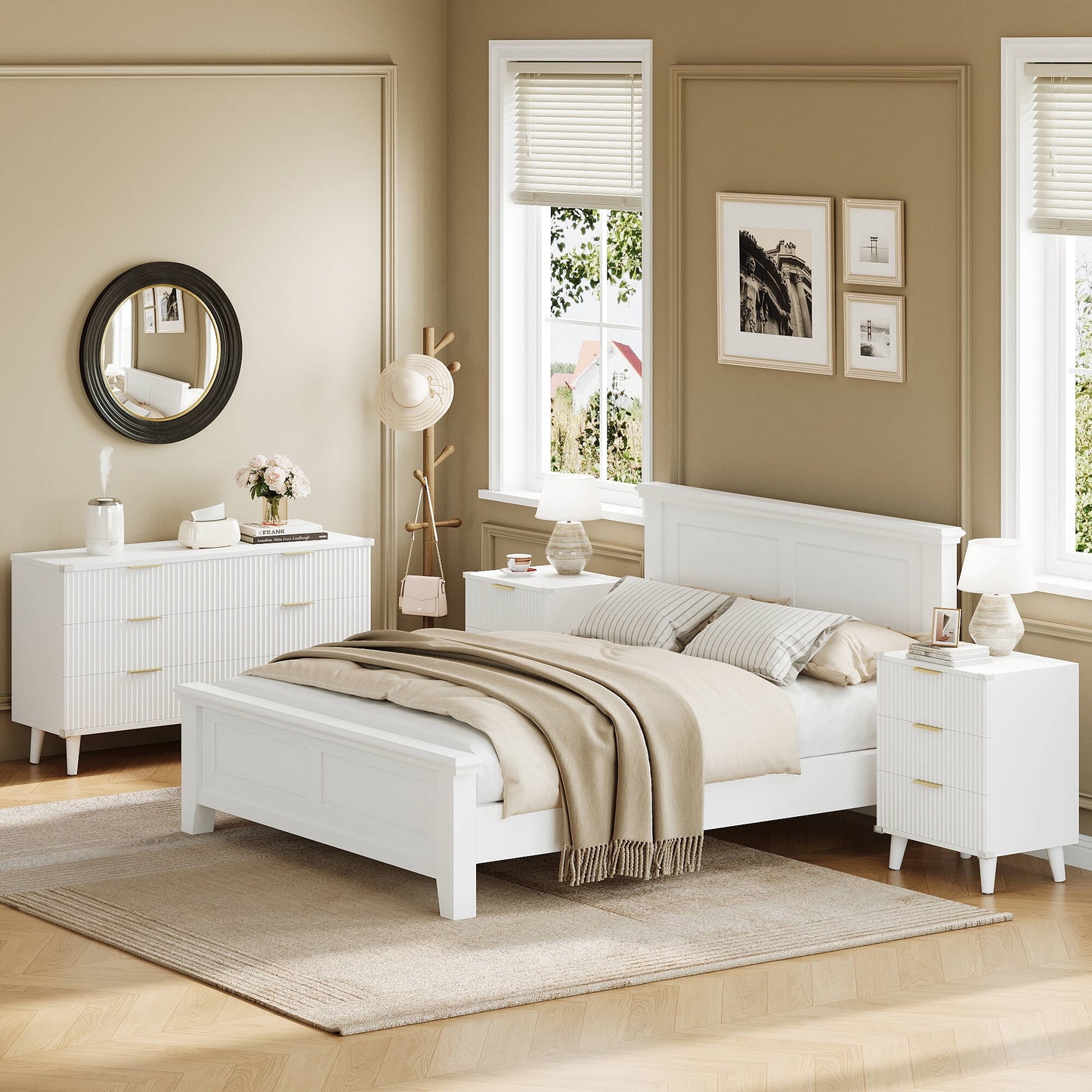 Laintene 3-Piece Boho Bedroom Set - 6-Drawer Dresser & 2 Nightstands with 3 Drawers & USB Charging, Fluted Wooden Storage, Modern Dresser & Nightstand Combo, White