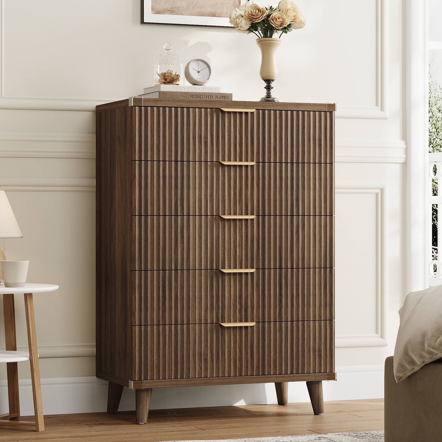 Laintene 5-Drawer Tall Dresser for Bedroom, Slim Boho Bedroom Furniture with Fluted Wave Design, Solid Wood Dresser, Closet & Small Spaces, Walnut