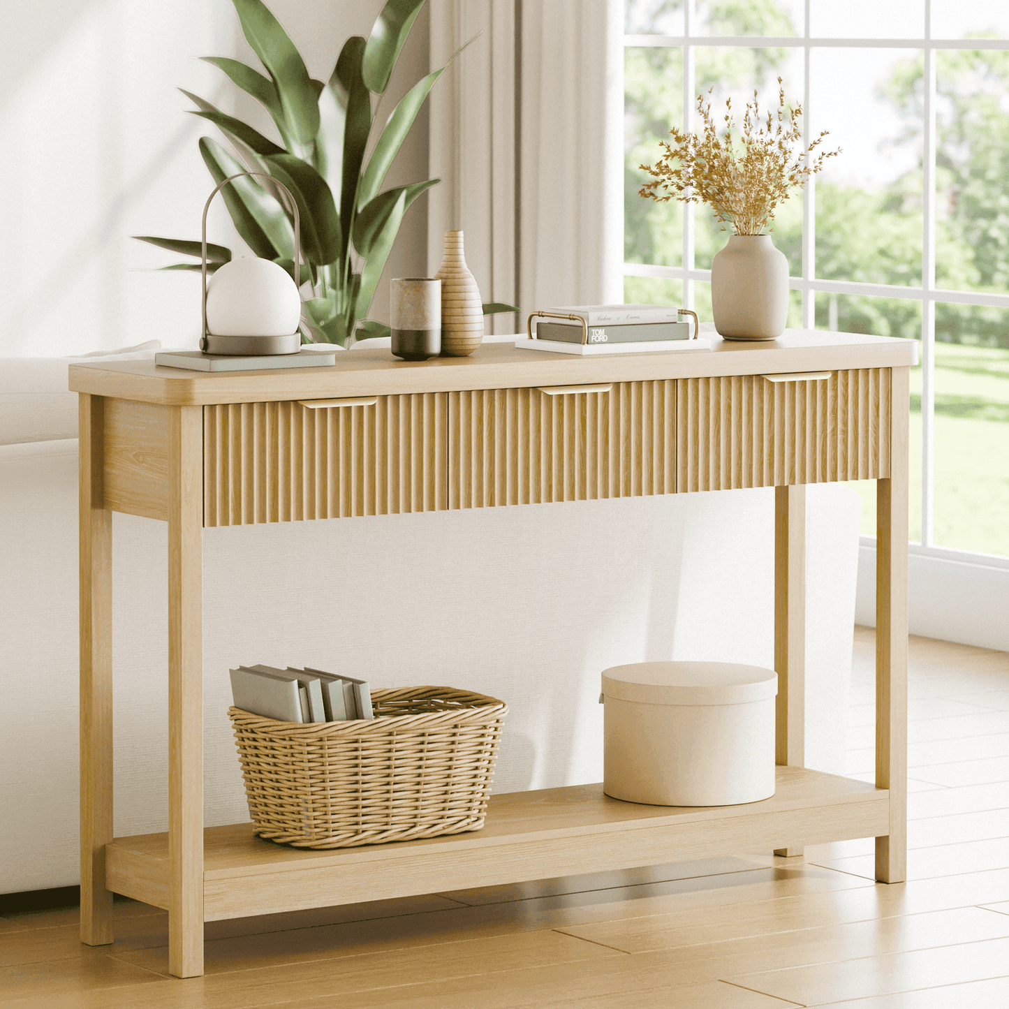Laintene Fluted Console Table, 51" Narrow Entryway Table with 3 Drawers, Console Table Sofa Table with Storage Open Shelf, Modern Display Shelf for Hallway Living Room, Natural Oak