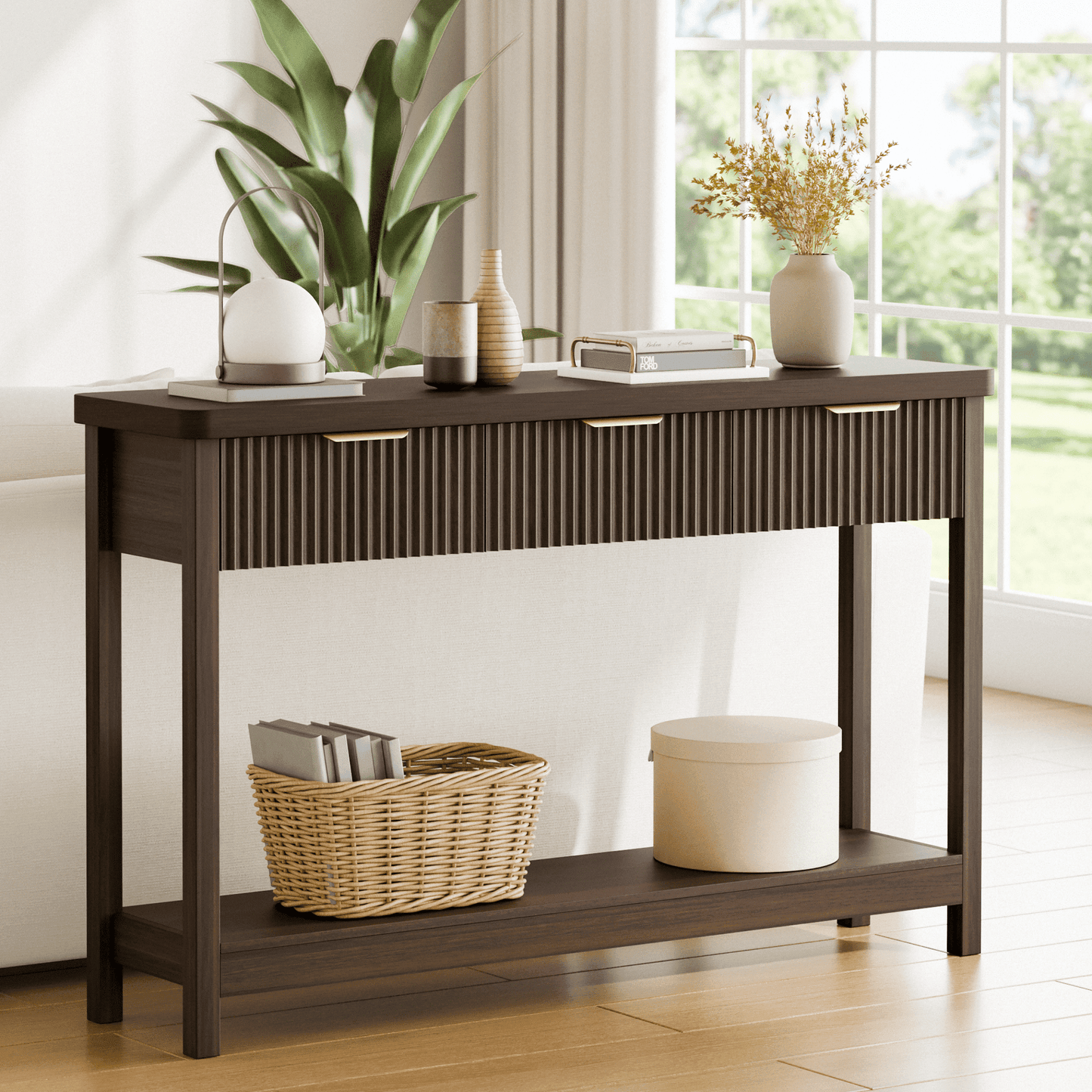 Laintene Fluted Console Table, 51" Narrow Entryway Table with 3 Drawers, Console Table Sofa Table with Storage Open Shelf, Modern Display Shelf for Hallway Living Room, Walnut