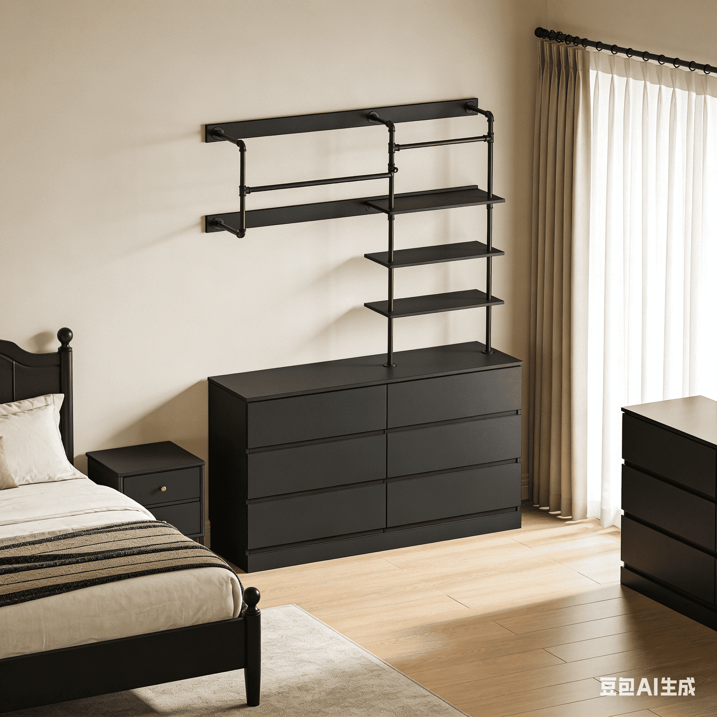 Laintene 6 Drawer Dresser with Industrial Pipe Clothing Rack, Wall Mounted Closet System with Hanging Rods & Open Shelves, Heavy Duty Storage for Bedroom, Black