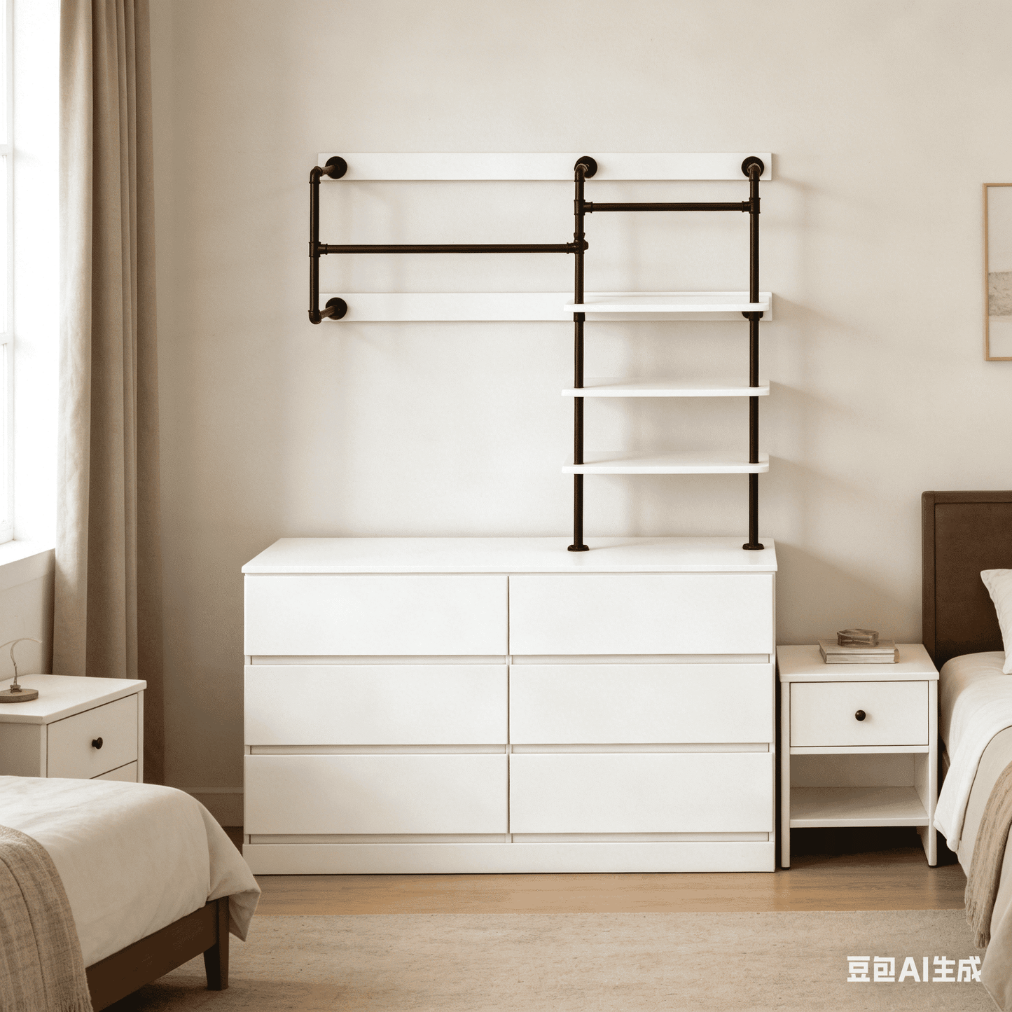 Laintene 6 Drawer Dresser with Industrial Pipe Clothing Rack, Wall Mounted Closet System with Hanging Rods & Open Shelves, Heavy Duty Storage for Bedroom, White
