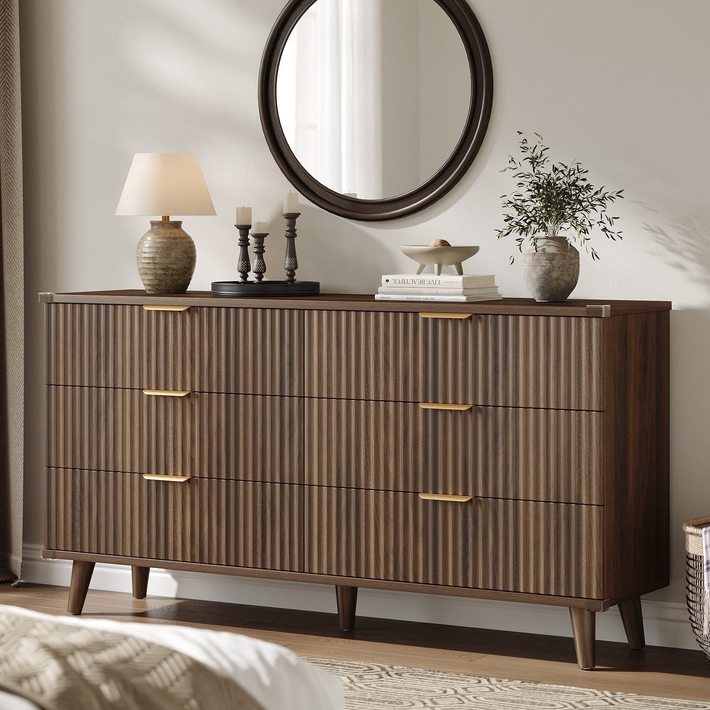 Laintene 6 Drawer Dresser for Bedroom, Boho Fluted Dresser with Wave Panel Design, Modern Wood Chest of Drawers for Living Room & Entryway, Walnut