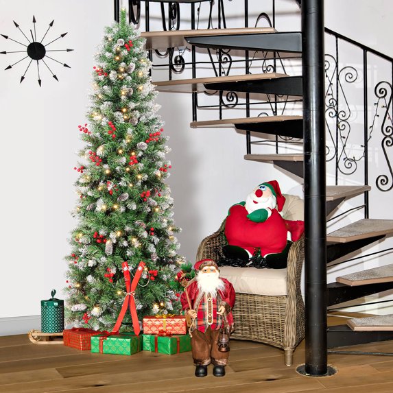 Laintene 6FT Pre-Lit Slim Pencil Christmas Tree | 200 Warm White LED Lights, 600 Tips, 40 Pine Cones & 280 Red Berries, Hinged Design for Small Spaces